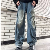 Threebooy Y2K Fashion Washed Blue Pleated Baggy Jeans Pants Men Designer Clothes Straight Wide Leg Denim Trousers